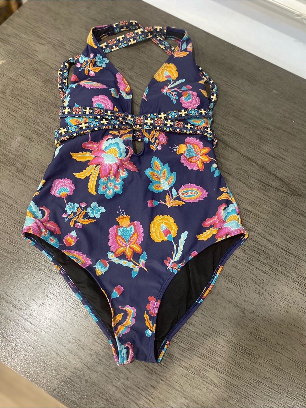 Coastal Blue Navy Floral Halter One-Piece Swimsuit women’s small